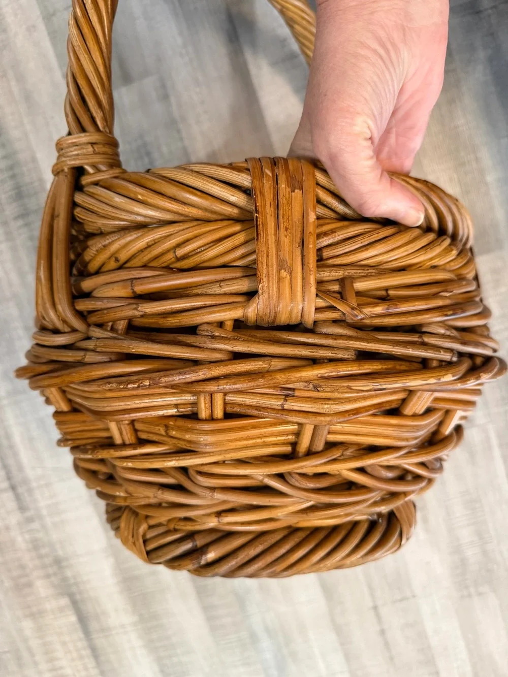Handmade Wicker Basket with Handle Round Brown Rustic Farmhouse Decor 11”
